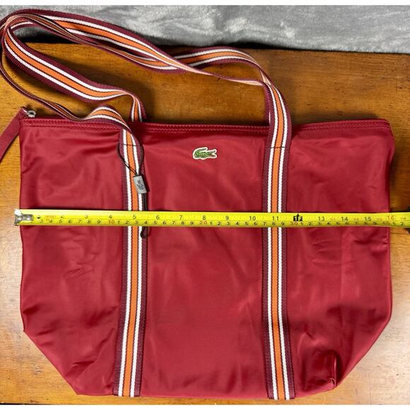 Lacoste Nylon Tote Bag Red Striped Webbed Straps Logo Shoulder Travel 16 X 11.5 - Picture 3 of 16
